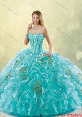 Luxurious Brush Train Sweetheart Detachable Quinceanera Dresses in Aqua Blue