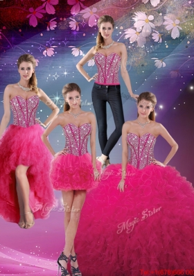 Pretty Sweetheart Beaded and Ruffles Detachable Quinceanera Dresses in Hot Pink