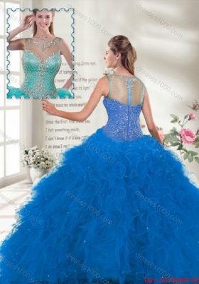 Fall Perfect Scoop Ruffles Blue Sweet 16 Gown with Beading
