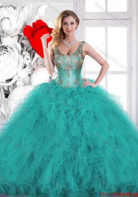 Gorgeous Beading Scoop Teal Sweet 16 Dresses with Ruffles