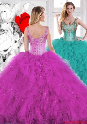 Gorgeous Beading Scoop Teal Sweet 16 Dresses with Ruffles