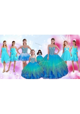 Perfect Beaded Multi Color Quinceanera Dresses and Aqua Blue Dama Dresses and Cute Straps Little Girl Dresses and Sexy Short Prom Dresses