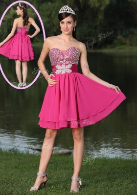 2016 Inexpensive Short Sweetheart Beading Bridesmaid Dresses in Hot Pink