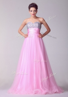 Beautiful  A Line Brush Train Rose Pink Prom Dresses with Beading for Spring