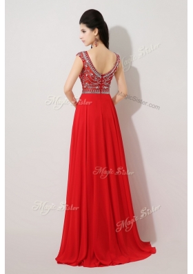 Beautiful Empire Bateau Brush Train Prom Dresses with Beading