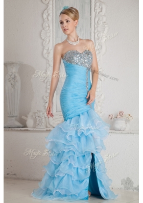 Beautiful Mermaid Sweetheart Beading and Ruffled Layers Aqua Blue Prom Dresses