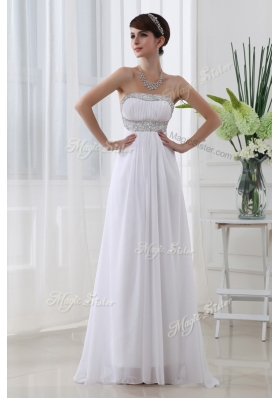 Beautiful Strapless Brush Train Beading Prom Dress in White