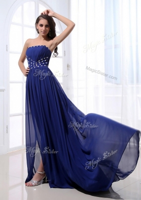 Elegant Brush Train Strapless Beading Prom Dresses in Royal Blue