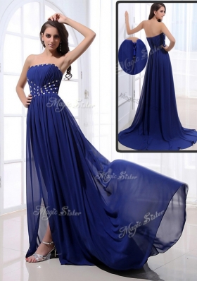 Elegant Brush Train Strapless Beading Prom Dresses in Royal Blue