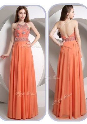 Elegant Empire Halter Top Orange Prom Dresses with Beading