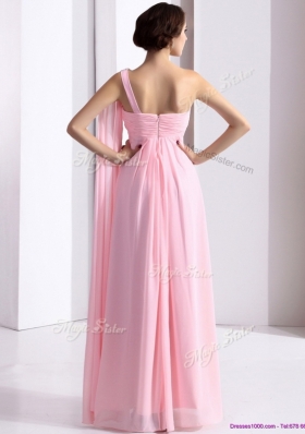 Elegant One Shoulder Baby Pink Prom Dress with Ruching and Beading