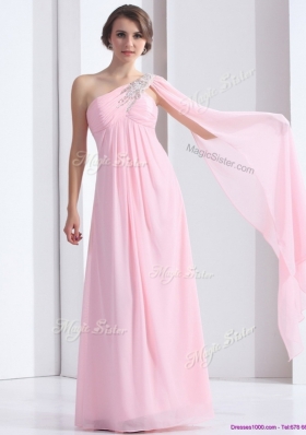 Elegant One Shoulder Baby Pink Prom Dress with Ruching and Beading