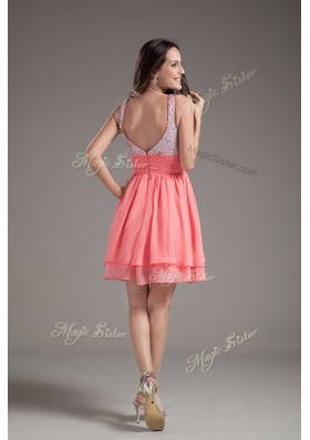 Elegant Straps Beading Short Watermelon Prom Dresses