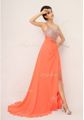 Luxurious One Shoulder Prom Dresses with High Slit and Sequins