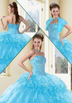 Sweet Ball Gown Sweet 16 Dresses with Beading and Ruffled Layers in Aqua Blue