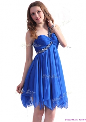 2016 Best One Shoulder Blue Short Dama Dresses with Beading