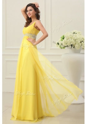 2016 Cheap Empire One Shoulder Beading Dama Dress in Yellow