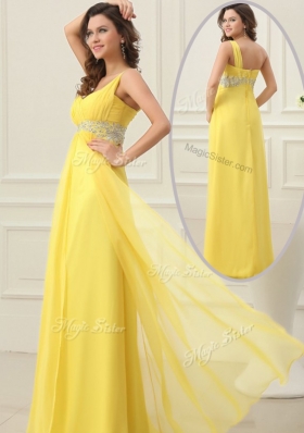 2016 Cheap Empire One Shoulder Beading Dama Dress in Yellow