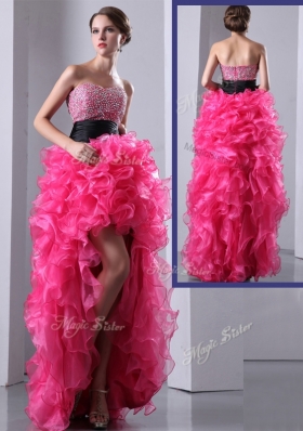 2016 Exquisite High Low Hot Pink Dama Dress with Ruffles