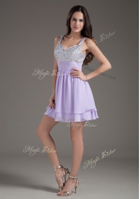 2016 Simple Straps Mini Length Lavender Bridesmaid Dress with Beading