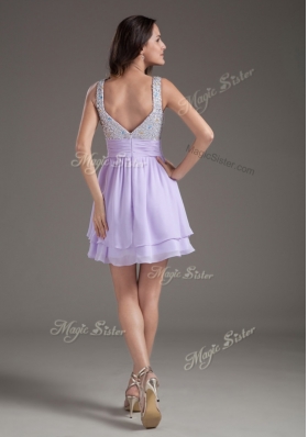 2016 Simple Straps Mini Length Lavender Bridesmaid Dress with Beading