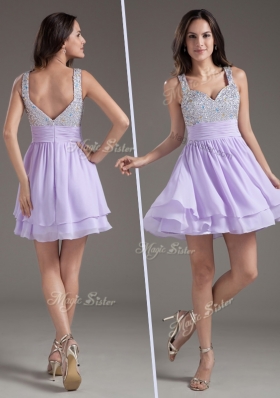 2016 Simple Straps Mini Length Lavender Bridesmaid Dress with Beading