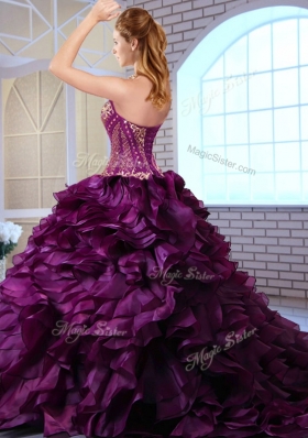 Best Brush Train Ruffles and Appliques Quinceanera Gowns in Wine Red