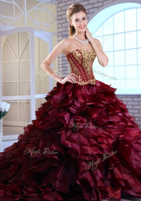 Best Brush Train Ruffles and Appliques Quinceanera Gowns in Wine Red