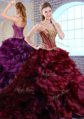 Best Brush Train Ruffles and Appliques Quinceanera Gowns in Wine Red