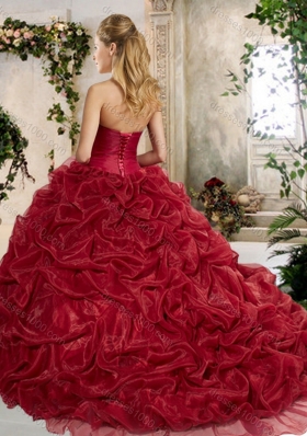 Gorgeous Brush Train Wine Red Quinceanera Gowns with Embroidery