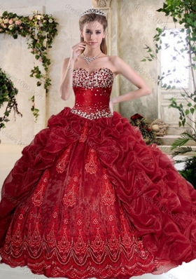 Gorgeous Brush Train Wine Red Quinceanera Gowns with Embroidery