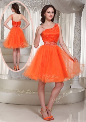 Lovely One Shoulder Beading Short Prom Dress for Party