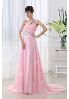 Lovely One Shoulder Brush Train Beading Baby Pink Prom Dress