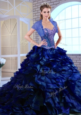 Perfect Brush Train Ruffles and Appliques Quinceanera Dresses in Royal Blue