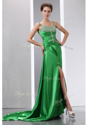 Sexy Column Beading and High Slit Prom Dresses with Court Train