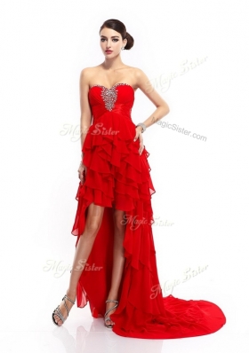 Sexy High Low Beading and Ruffled Layers Prom Dresses in Red