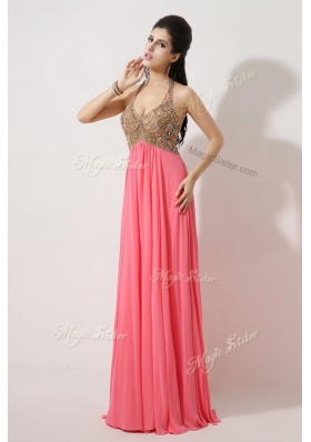 The Most Lovely Halter Top Brush Train Watermelon Red Prom Dresses