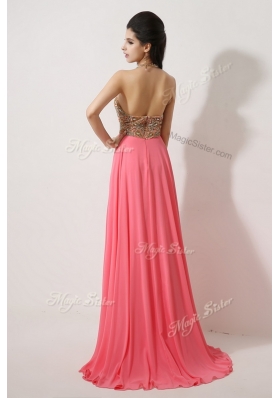 The Most Lovely Halter Top Brush Train Watermelon Red Prom Dresses