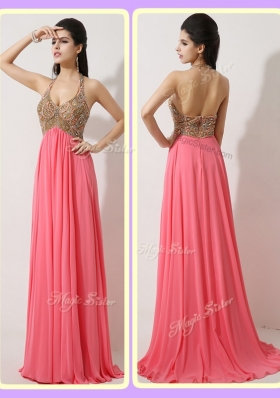 The Most Lovely Halter Top Brush Train Watermelon Red Prom Dresses