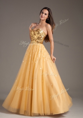 2016 Luxurious Princess Sweetheart Sequins Long Prom Dresses in Gold