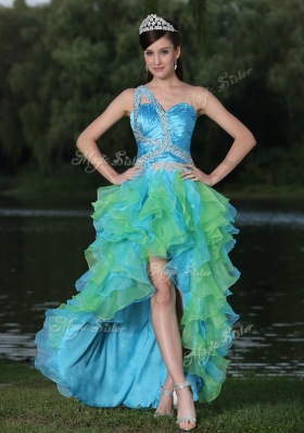 2016 Pretty One Shoulder Side Zipper High Low Prom Dress in Multi Color