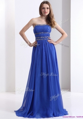 2016 Simple Strapless Empire Blue Prom Dresses with Ruching and Beading