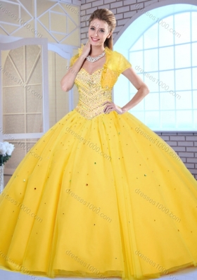 Modest Ball Gown Yellow Sweet 16 Gowns with Beading