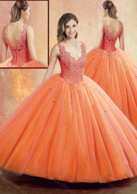 Beautiful Straps Orange Sweet 16 Dresses with Beading and Appliques