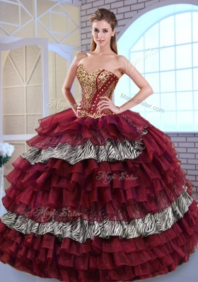 Fashionable Sweetheart Ball Gown Ruffled Layers and Zebra Sweet 16 Dresses