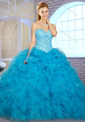 Pretty Ball Gown Teal Quinceanera Gowns with Beading and Ruffles