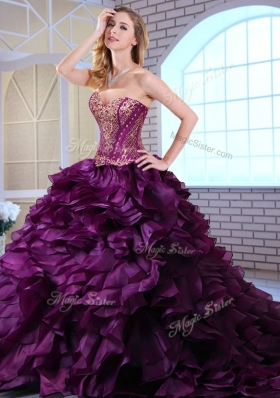 Wonderful Brush Train Dark Purple Sweet 16 Dresses with Ruffles and Appliques