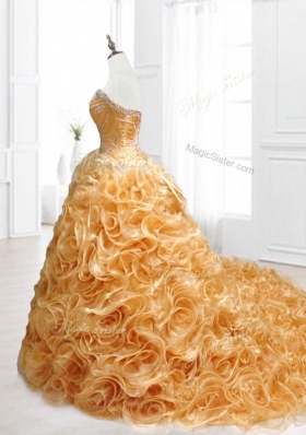 Elegant Sweetheart Rolling Flowers Brush Train Quinceanera Dresses with Beading