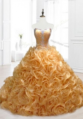 Elegant Sweetheart Rolling Flowers Brush Train Quinceanera Dresses with Beading