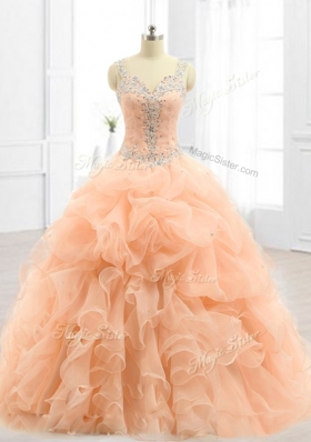 Cheap Straps Beading and Ruffles Quinceanera Dresses in Peach